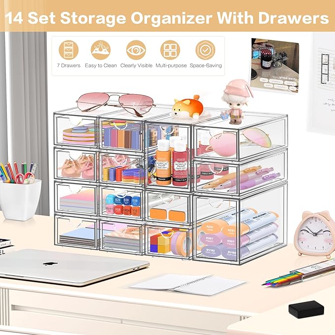 Desk Organizer with 14 Drawers, FODIENS 14 Packs Acrylic Stackable Desktop - Image 3