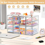 Desk Organizer with 14 Drawers, FODIENS 14 Packs Acrylic Stackable Desktop - Image 3