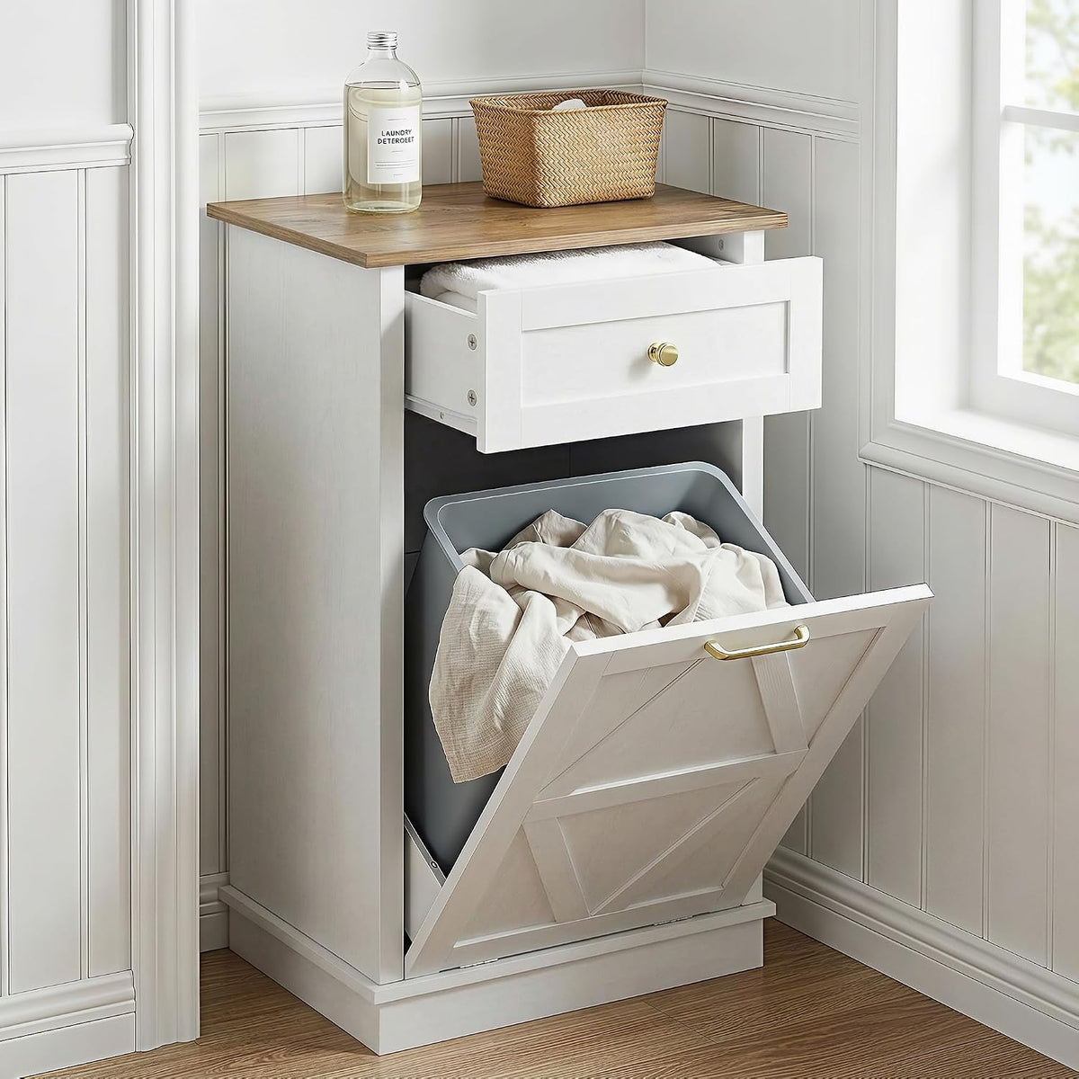 YESHOMY 10 Gallon Tilt Out Trash Cabinet with Drawer, White