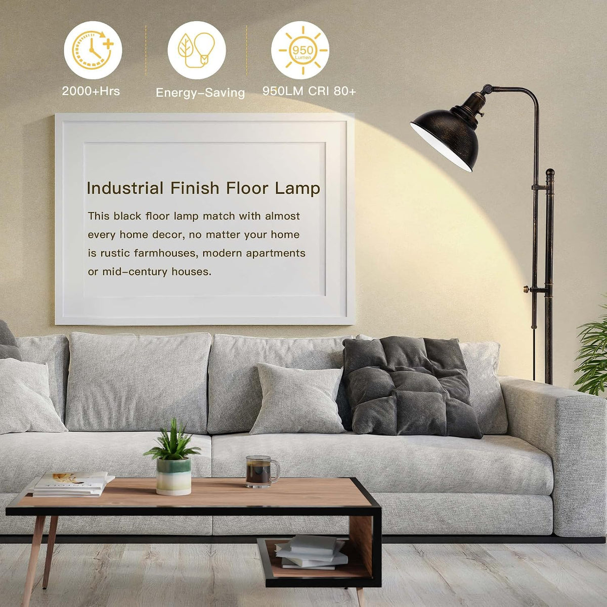 PARTPHONER Industrial Floor Lamp Adjustable, Rustic Farmhouse Reading Lamp in...