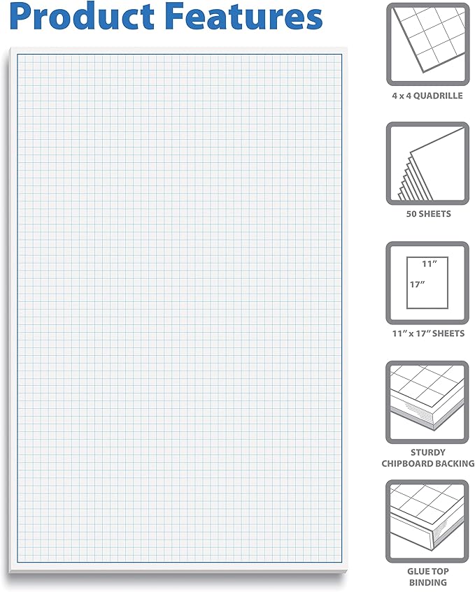 Graph Paper Pad, 50 Sheets, Double Sided, 4x4 Blue Quad Rule, Easy Tear Sheets - Image 6