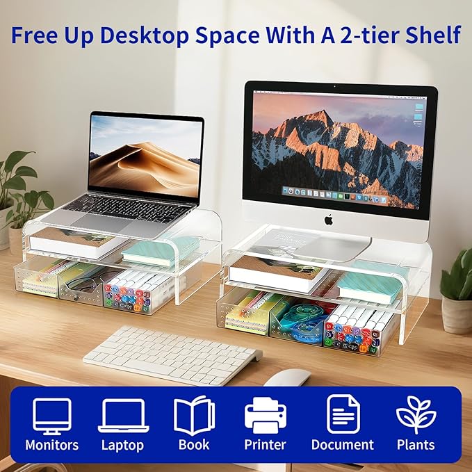 OPNICE Acrylic Clear Desk Organizers and Accessories, 2-Tier Computer Monitor - Image 3