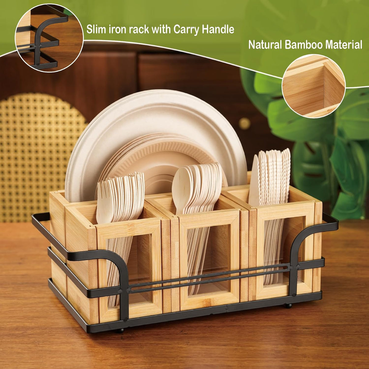 Bamboo Silverware Caddy with Paper Plate Holder, Utensil Organizer for Forks,...