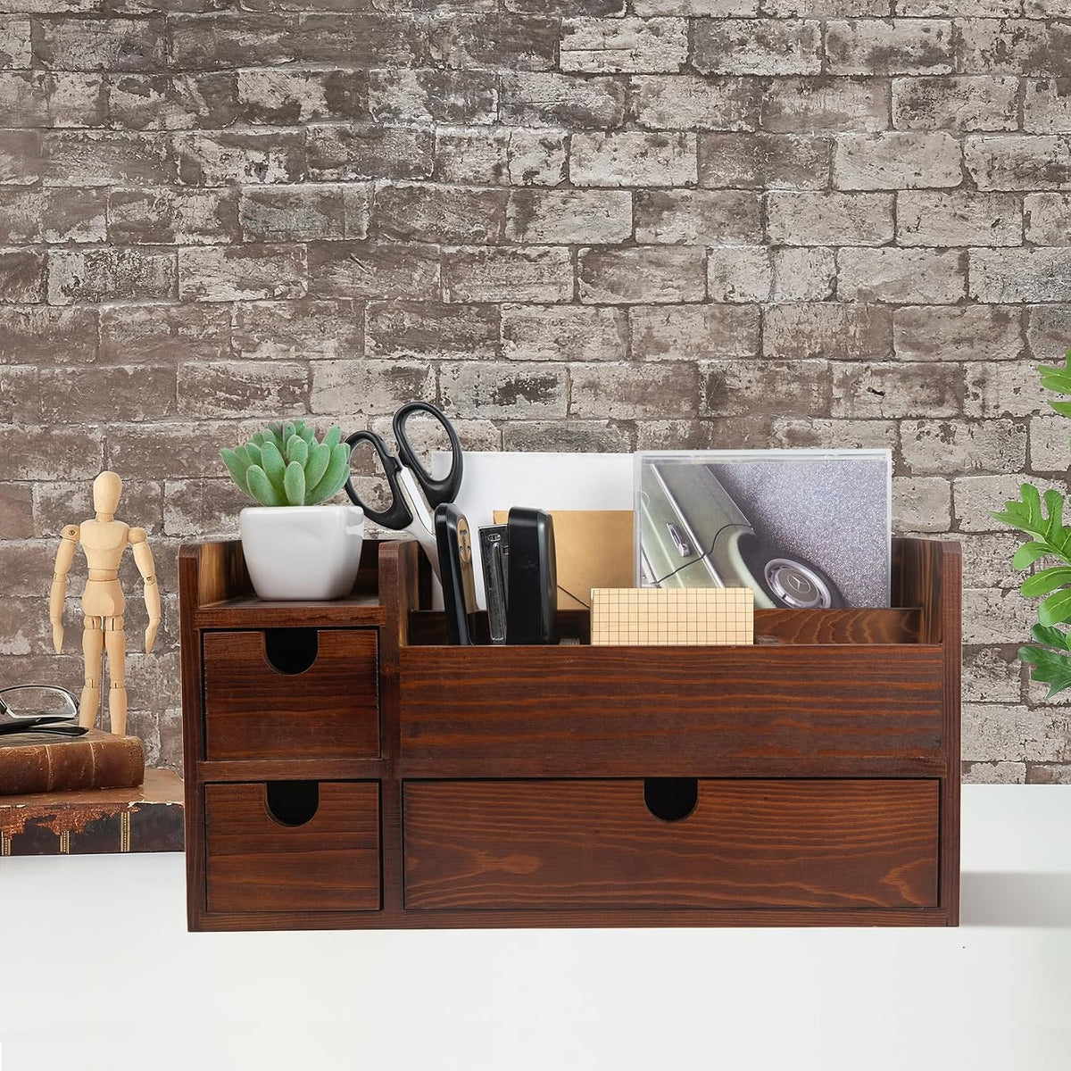 Rustic Brown Wooden Desktop Organizer Drawers Removable Office Supplies Torch...