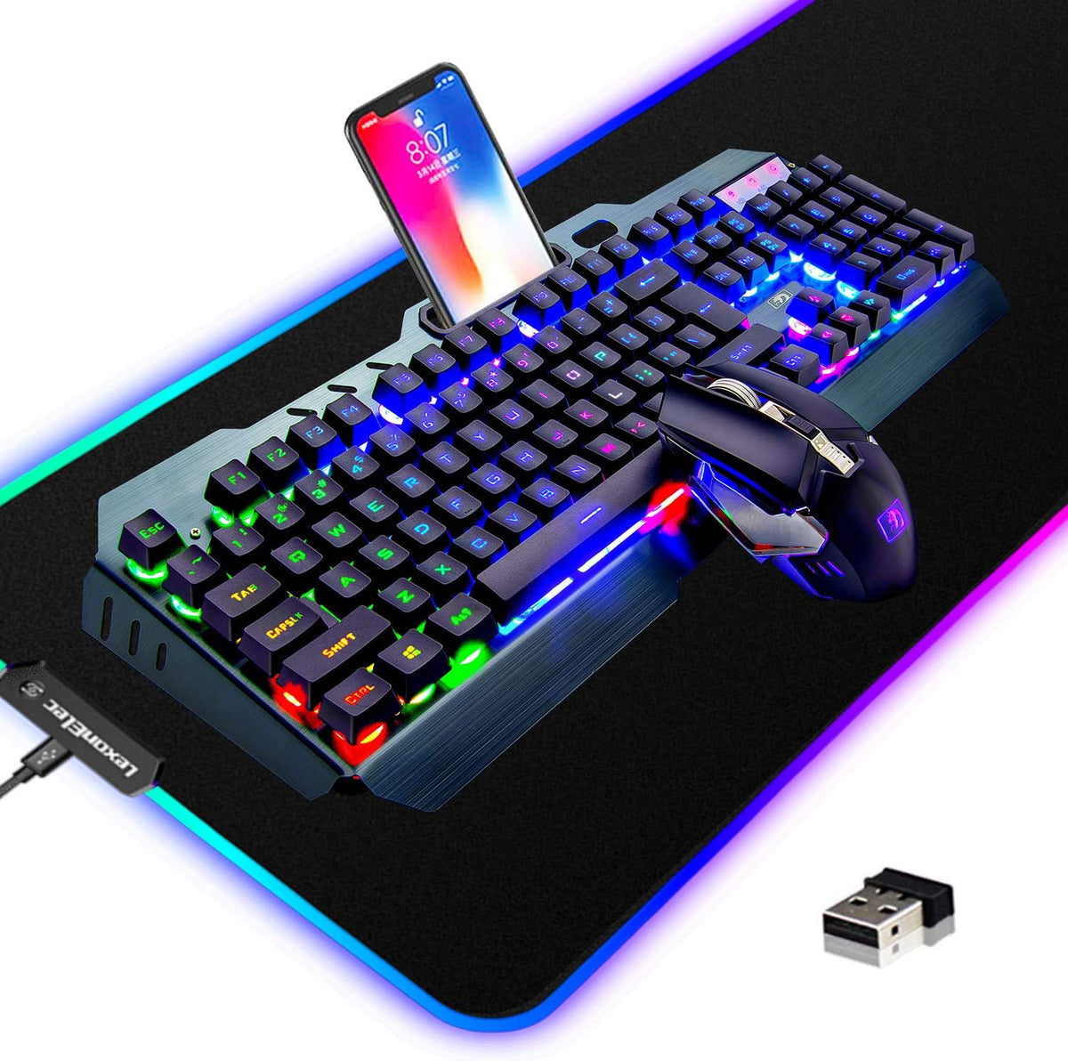 Wireless Gaming Keyboard and Mouse Combo,3 in 1 Rainbow LED Rechargeable Keyb...
