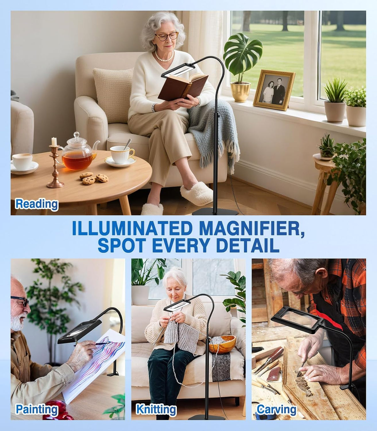 MoKo 10X Floor Magnifying Glass with Light and Stand, Extra Large Lens