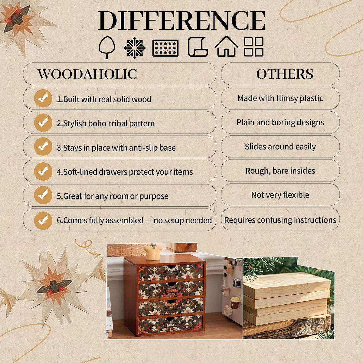 Boho Green Wooden Desk Organizer with Drawers – 4-Drawer Desktop Storage Box ...