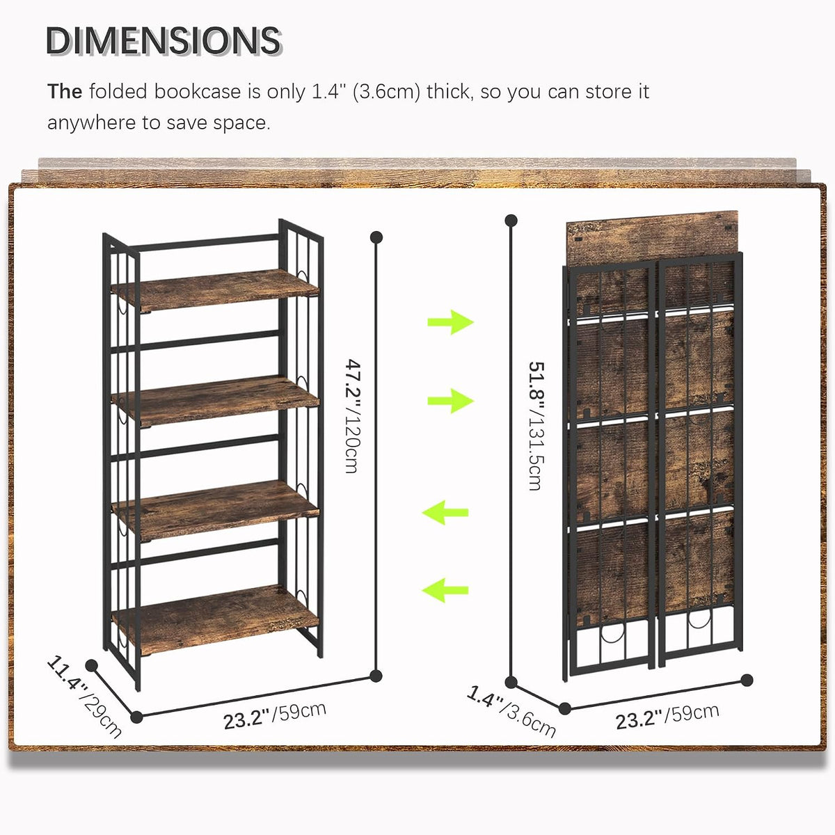 4NM No Assembly 4 Tiers Folding Bookshelf, 47.2" H Foldable Storage Shel...