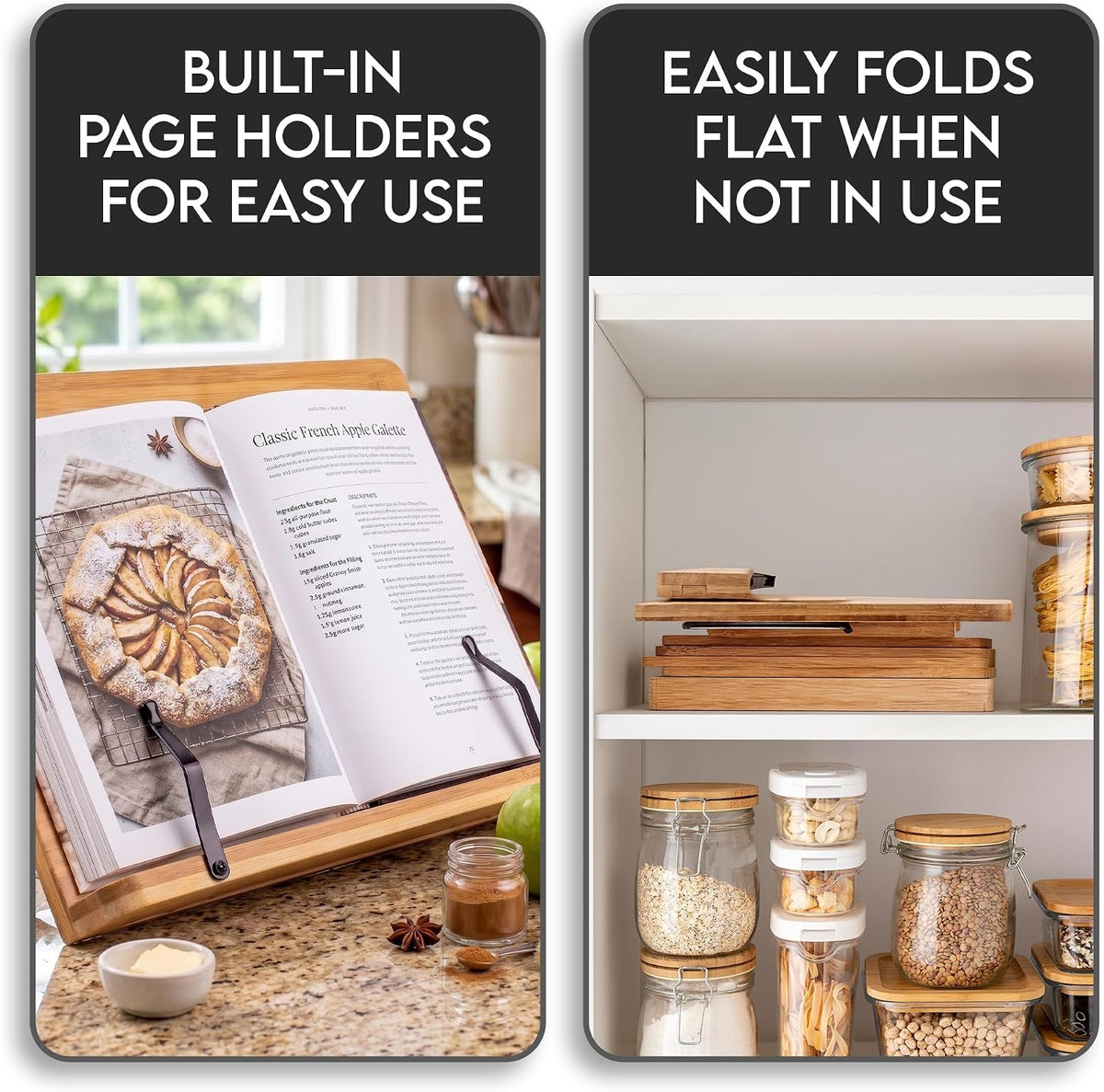 Bamboo Cookbook Stand Large, Adjustable Book Holder Tray and Page Paper Clips...