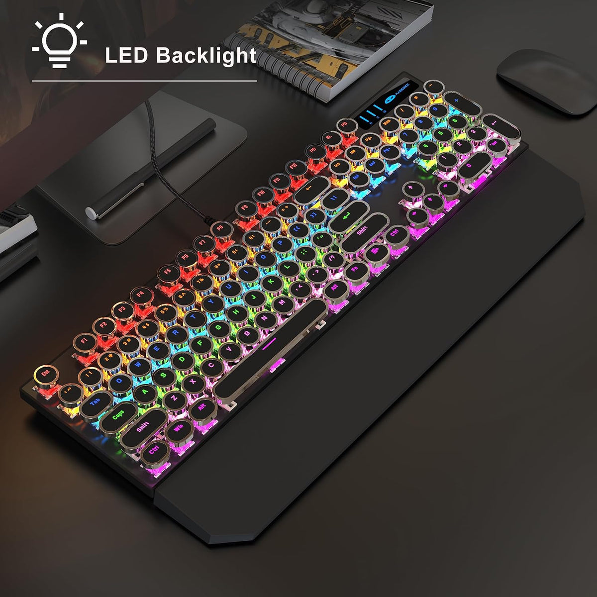 MageGee Typewriter Mechanical Gaming Keyboard, Retro Black Punk Round Keycaps...