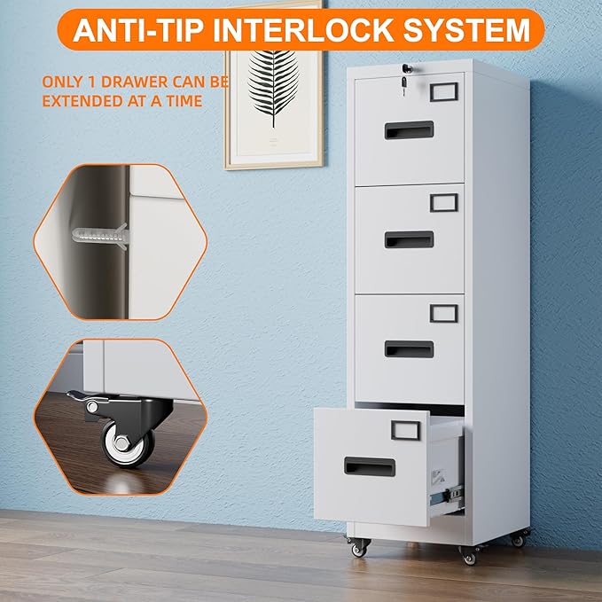 METAN 4 Drawer File Cabinet on Wheels, Lockable Metal Filing Cabinet - Image 5
