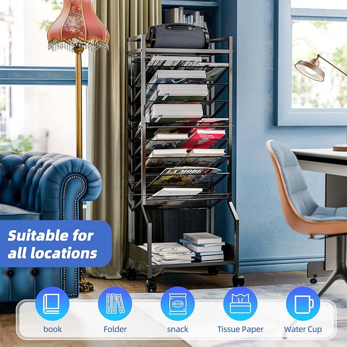 Simple Trending 10 Tier Rolling File Cart, Desk File Organizer - Image 2