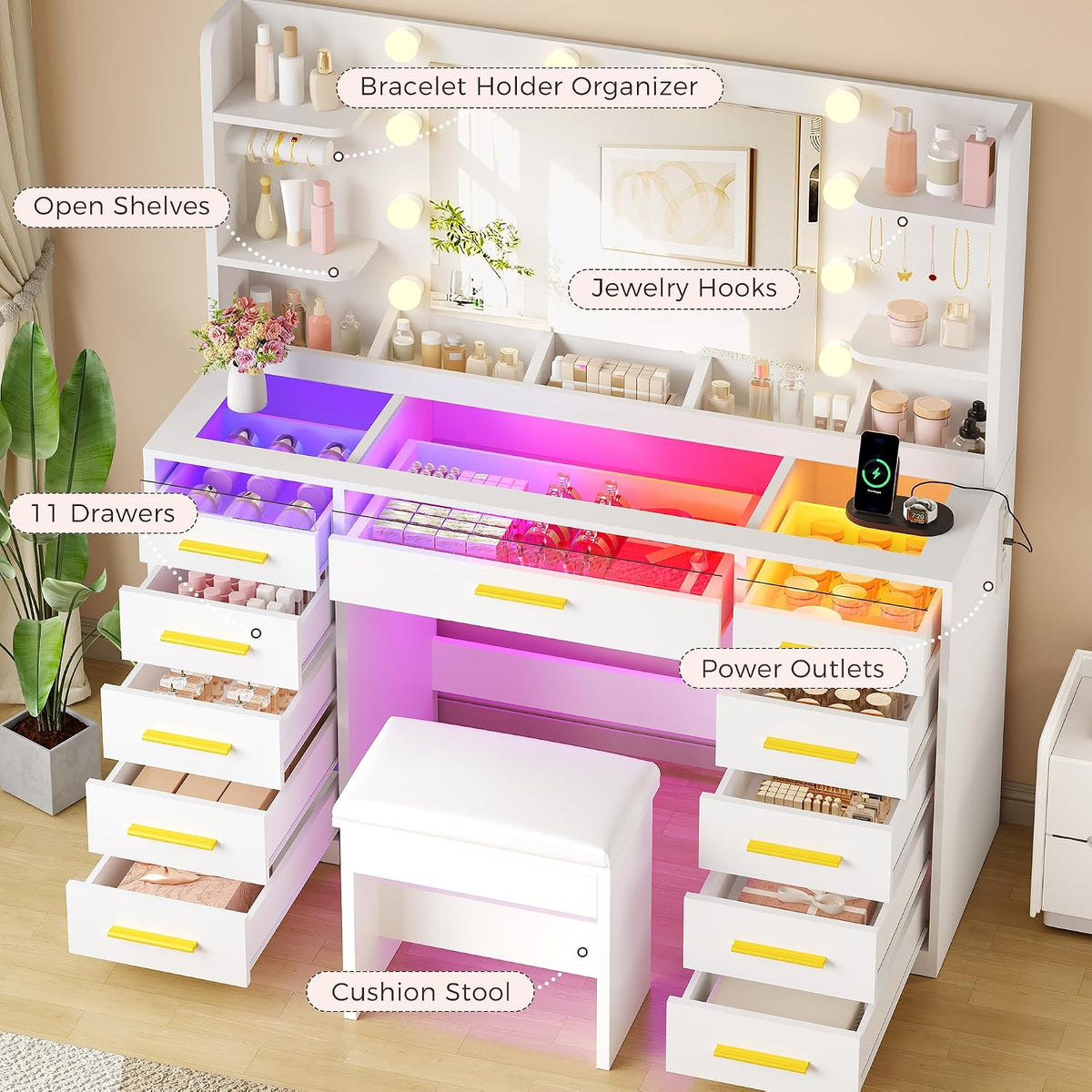Large Makeup Vanity with Mirror and Lights, 11-Drawer RGB Vanity