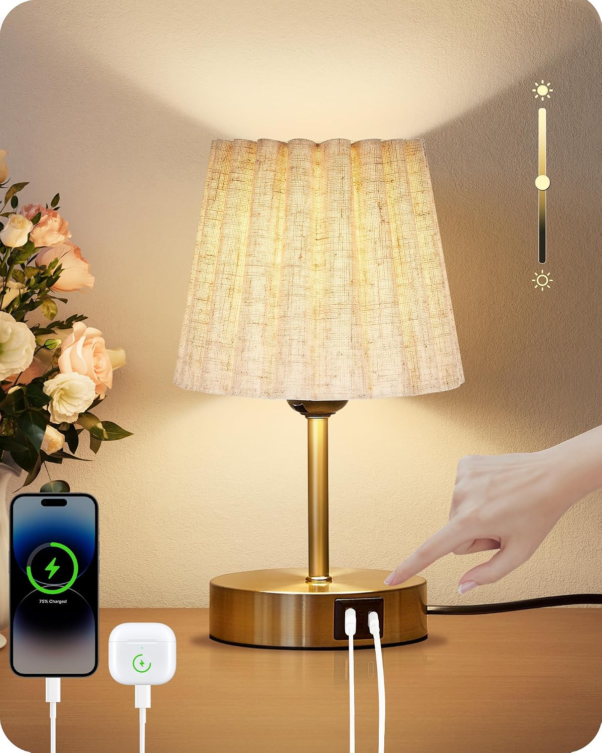 Small Bedside Table Lamp, Touch Dimmable Table Lamp with USB Ports, Nightstan...