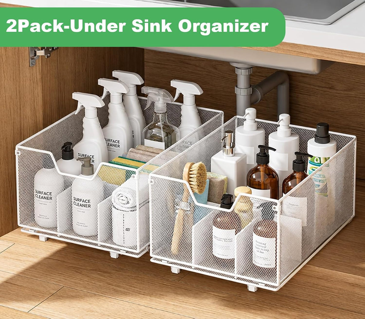 2 Pack Pull out Cabinet Organizer,Slide out Pantry Shelves Drawer Storage