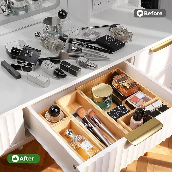 Bamboo Drawer Organizer Set, Junk Drawer Divider and Storage Trays Containers - Image 5