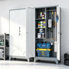 61" metal garage storage cabinet with lock, broom on a desk or shelf