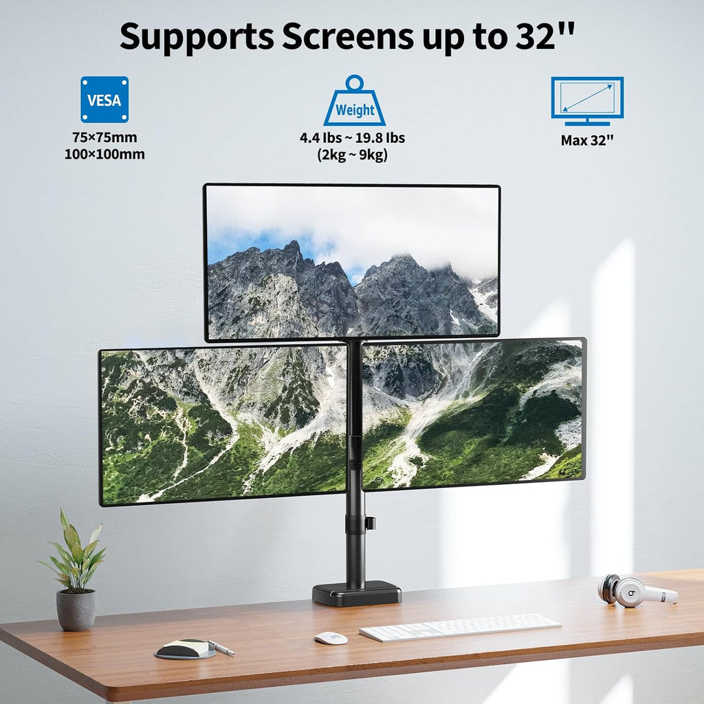 triple monitor mount fits max 32" computer screen shown in use