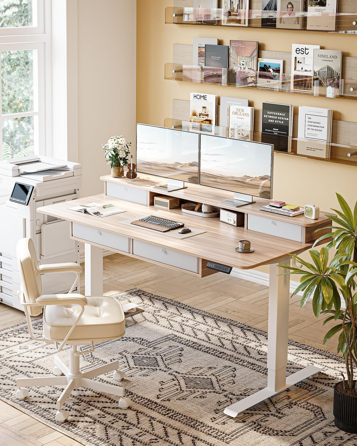 CubiCubi 55" x 30" Standing Electric Desk with Drawers, Light Rusti...