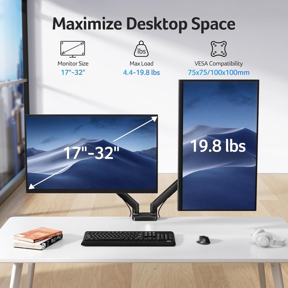 acer dual monitor arm, gas spring vesa mount shown in use
