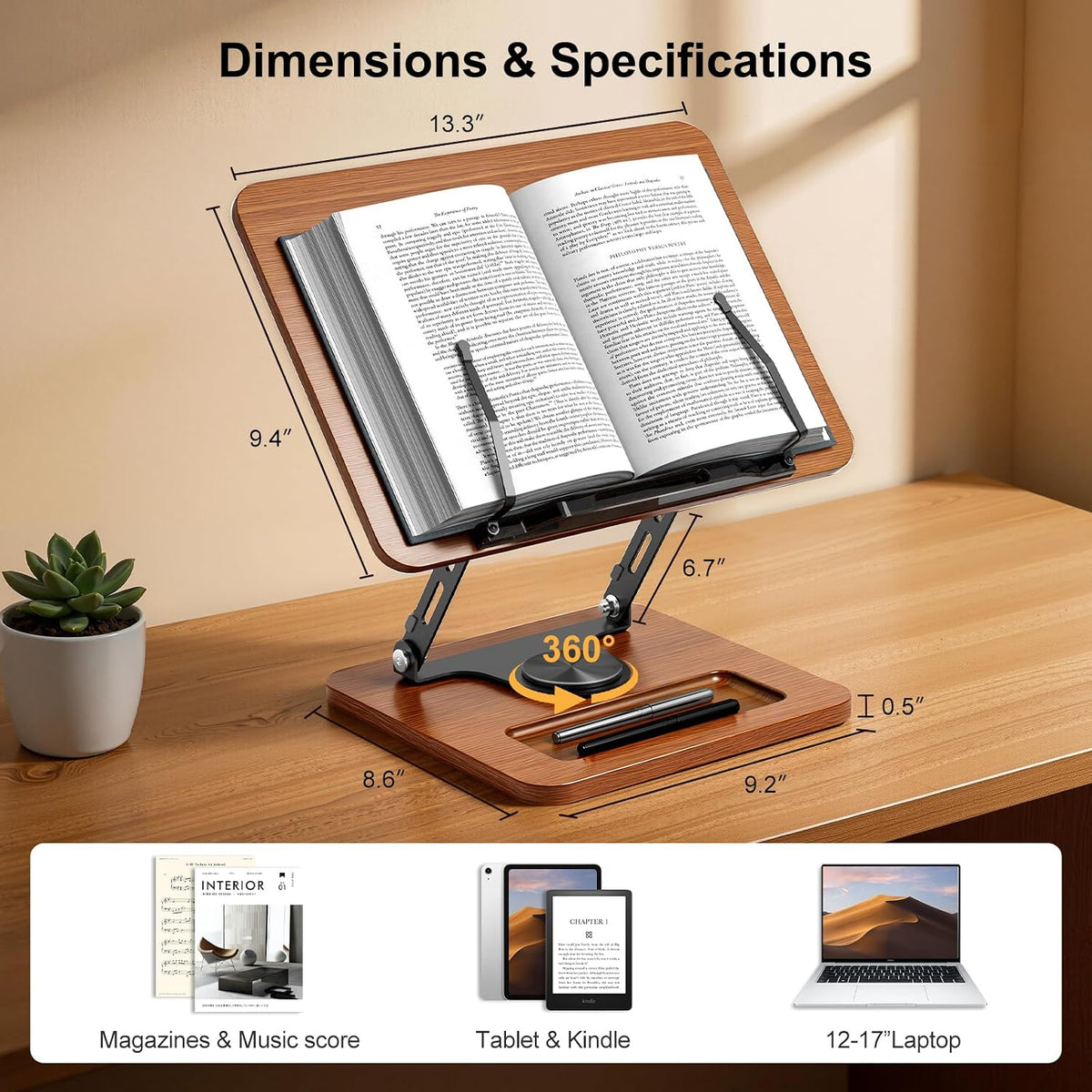 OPTIXCELL Book Stand for Reading, 360° Rotating Book Holder, Page Clips