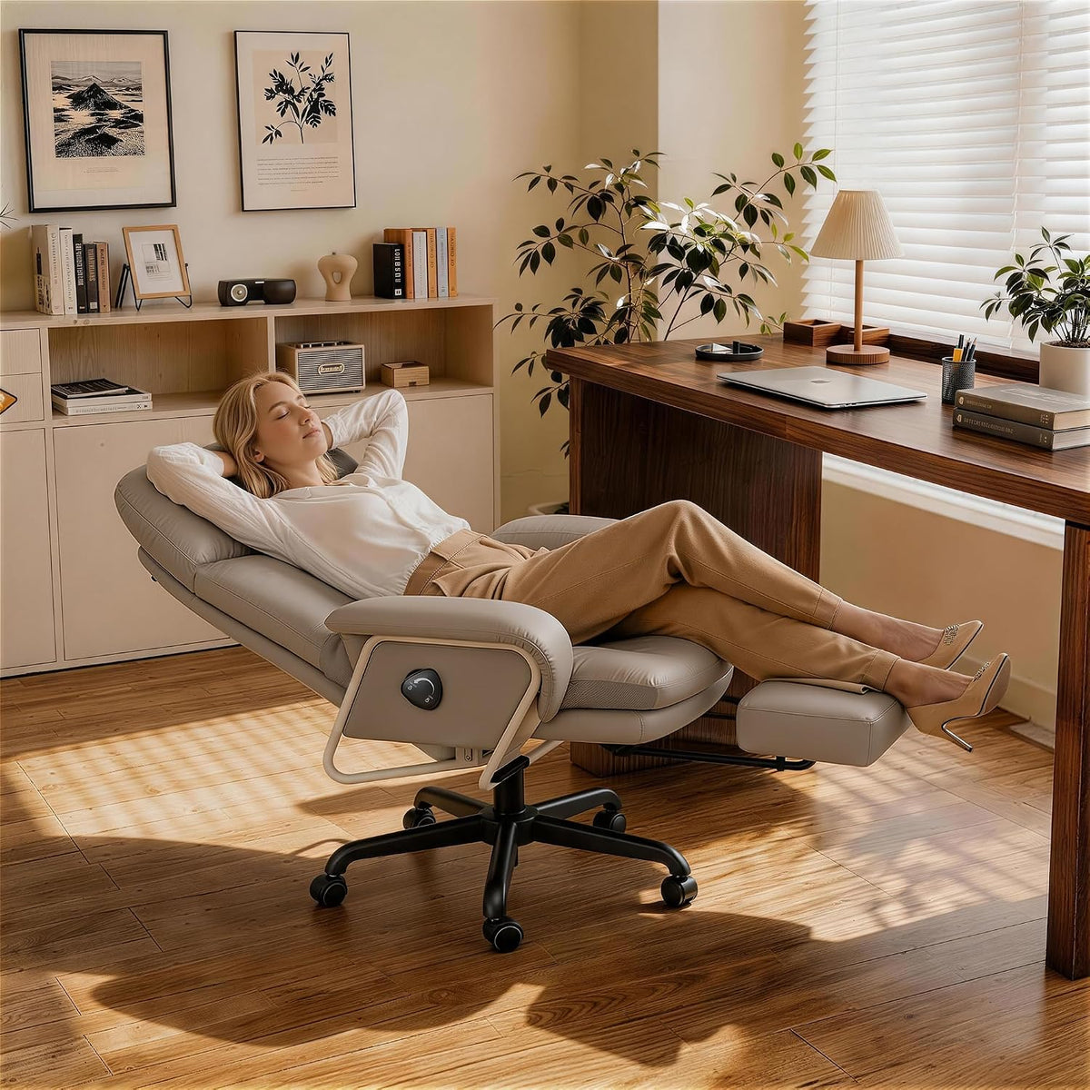 180° Reclining Office Chair with Footrest, PU Leather, Gray