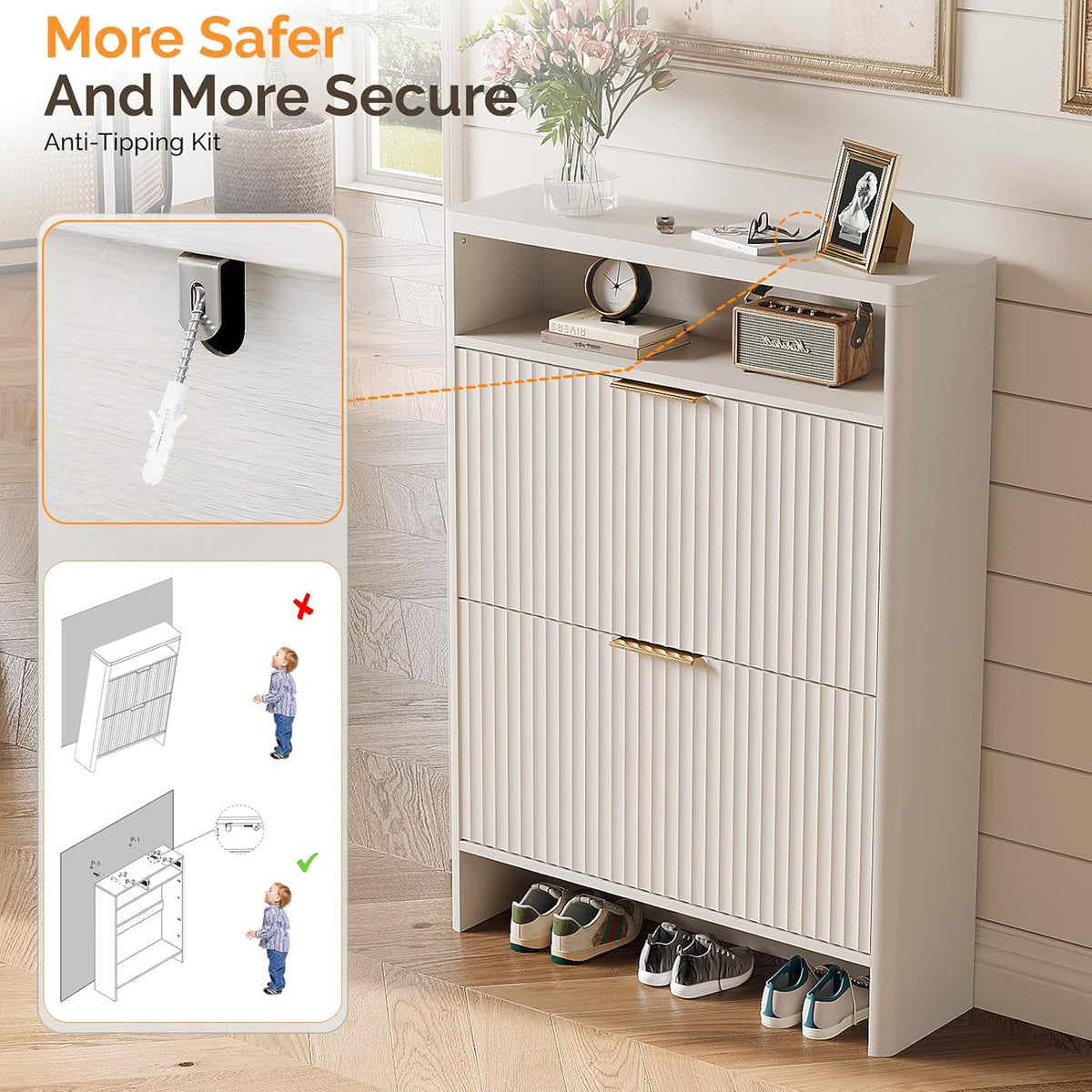 VINGLI White Slim Shoe Cabinet with Curved Edges, Modern Hidden Shoe Storage ...