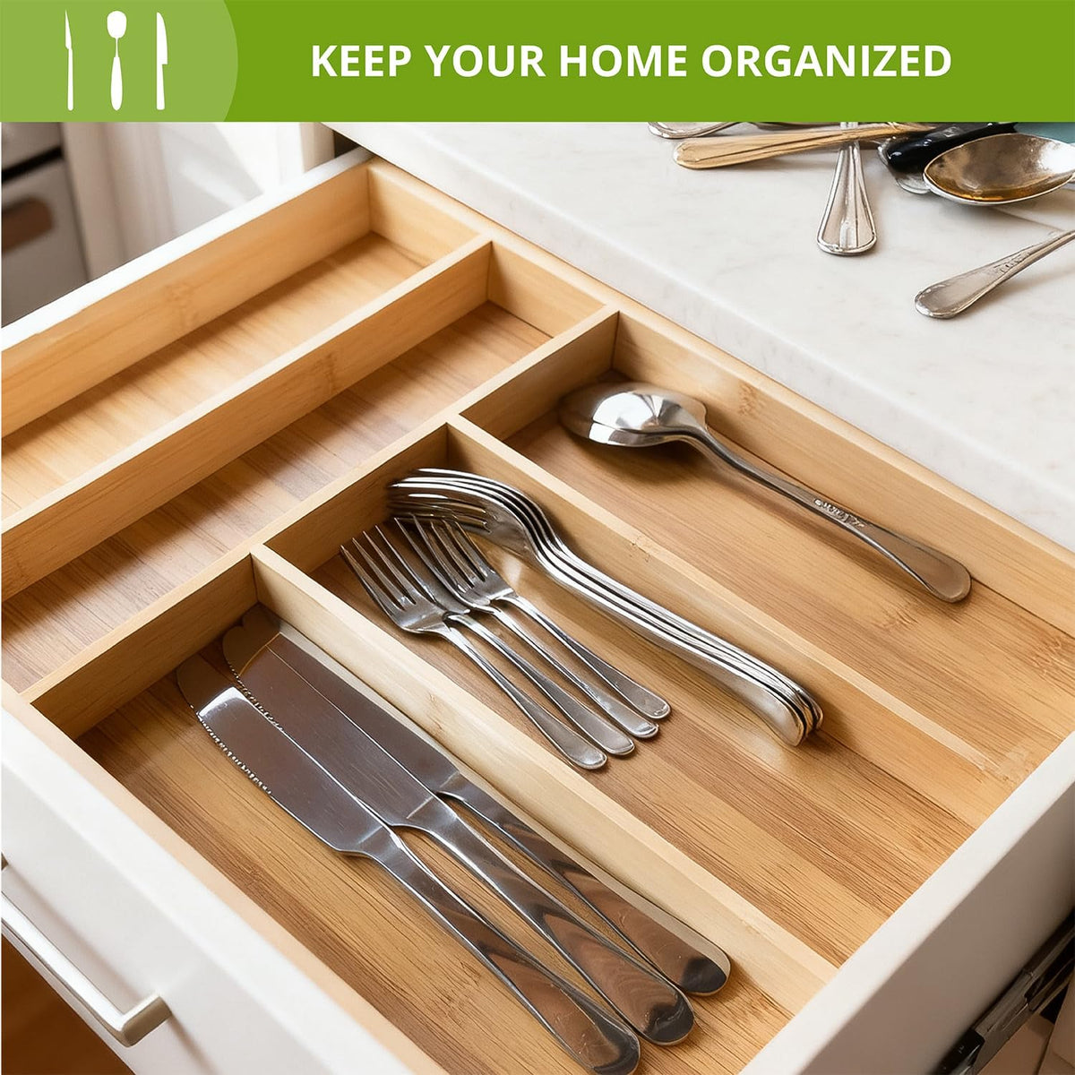 Premium Bamboo Kitchen Drawer Organizer, Perfect for Storing Cutlery, Silverw...