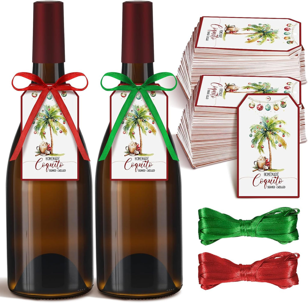 100 Pcs Christmas Coquito Labels for Bottle with Hemp Rope Xmas Coquito Bottle Tags Vanilla Labels with Graphic of Coconut Palm Tree for Home Christmas New Year Party Supply 3.5 ×2 (Bright)