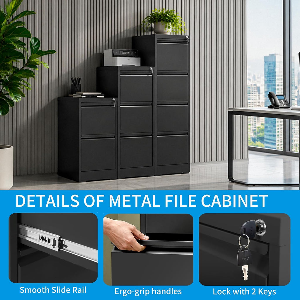 4 drawer file cabinet with lock, metal filing on a desk or shelf