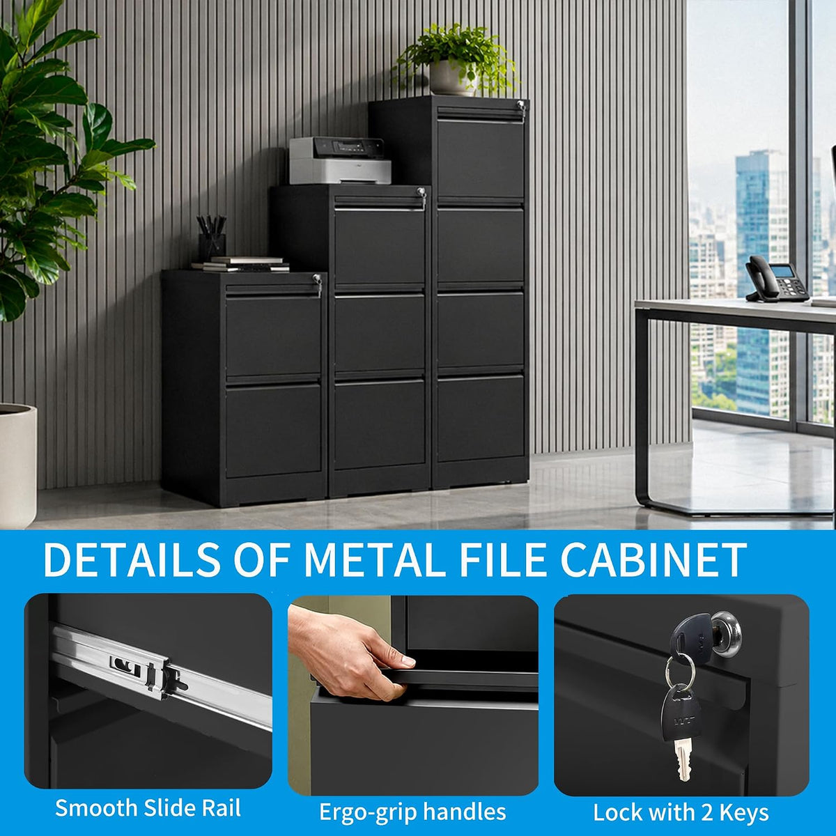 4 drawer file cabinet with lock, metal filing on a desk or shelf