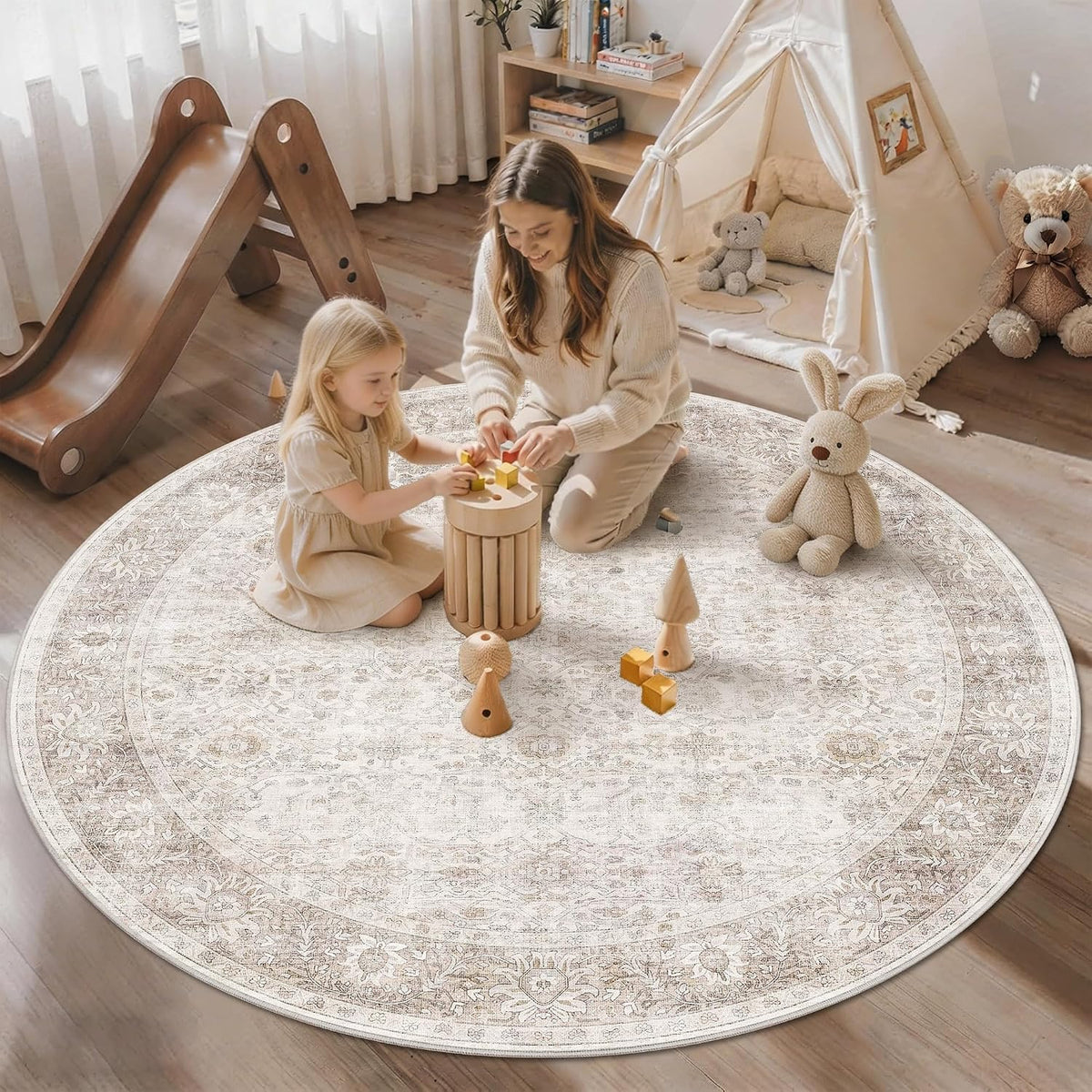 Round Rug 6ft Neutral Vintage Washable Circle Rug for Entryway Kitchen