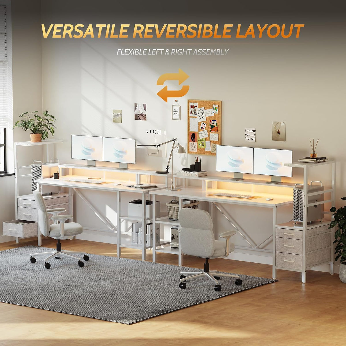 52" Reversible Gaming Desk with Drawers & Shelves, Computer Desk, White