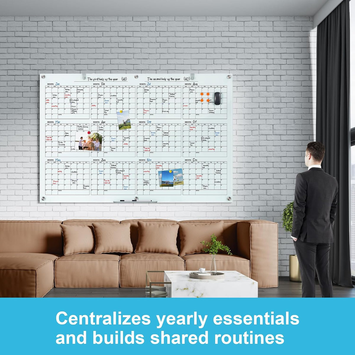 Wingwise Glass Calendar Whiteboard, 72 x 48 Inches Dry Erase Planner Board