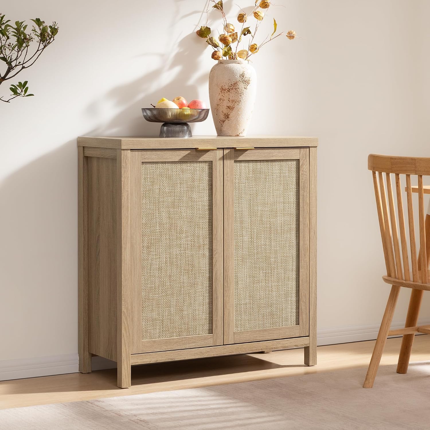 SICOTAS Sideboard Buffet Cabinet with Large Storage : Rattan Boho Credenza | Farmhouse Coffee Bar Storage Cabinet with Adjustable Shelves, Rattan Doors, Buffet Table for Kitchen Living Room Hallway