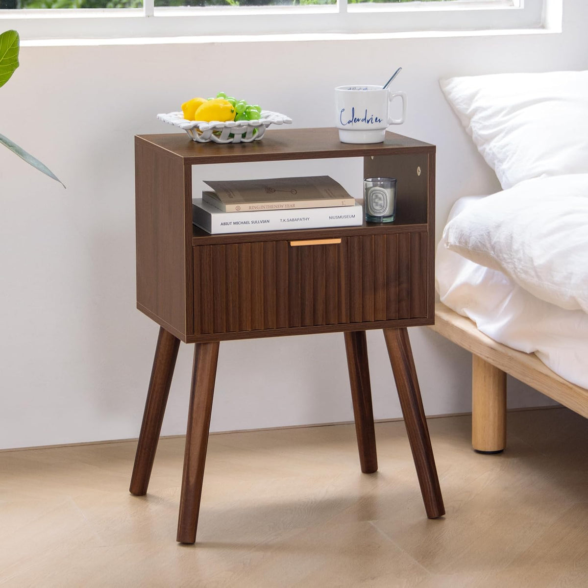 Fultyle Walnut Nightstand, Fluted Night Stand with Drawer and Open Shelf