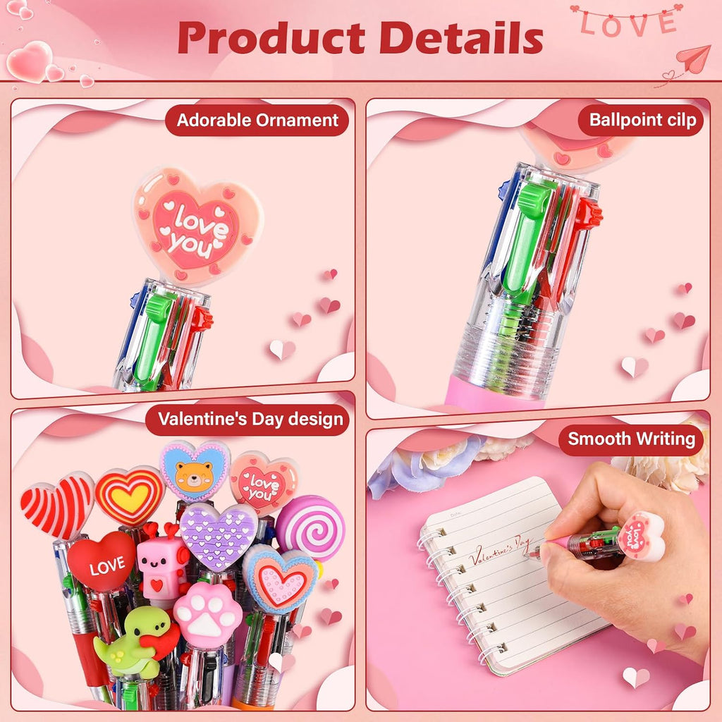 LiYiQ 100 Pcs Valentine's Day Animal Multicolor Pen in One Cartoon Cute Fun 4-in-1 Cute Pens Bulk Kawaii Heart Capybara Frog Panda Shape Lovely Ballpoint Pens for Fun Gifts