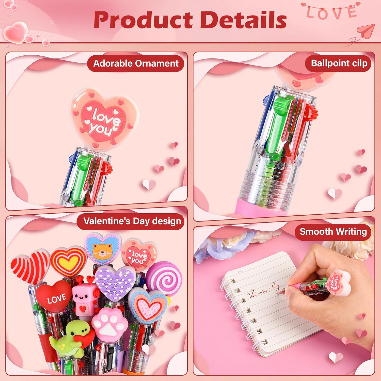 LiYiQ 100 Pcs Valentine's Day Animal Multicolor Pen in One Cartoon Cute Fun 4-in-1 Cute Pens Bulk Kawaii Heart Capybara Frog Panda Shape Lovely Ballpoint Pens for Fun Gifts