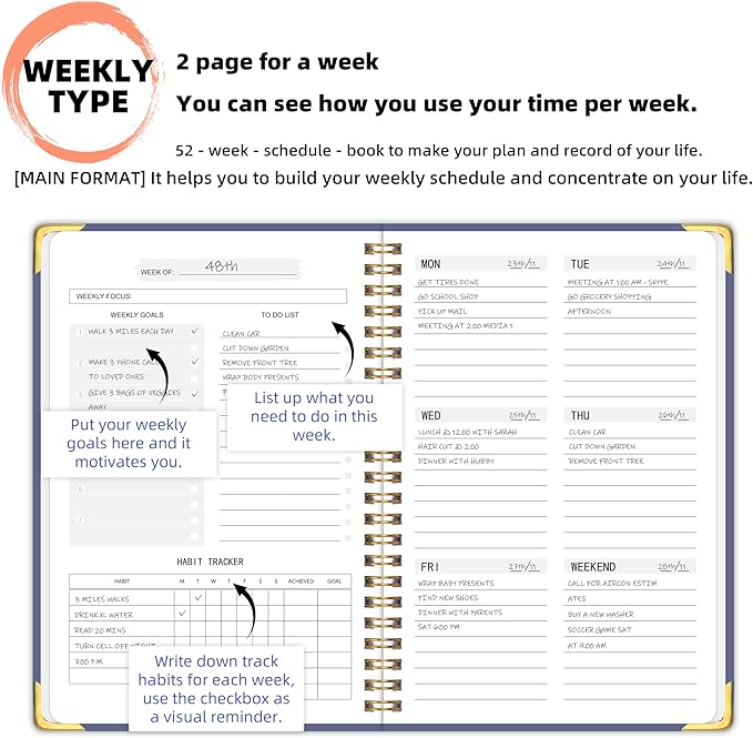 Undated Weekly Planner with Metal Corner Hardcover Notebook, A5 Size Journal - Image 4