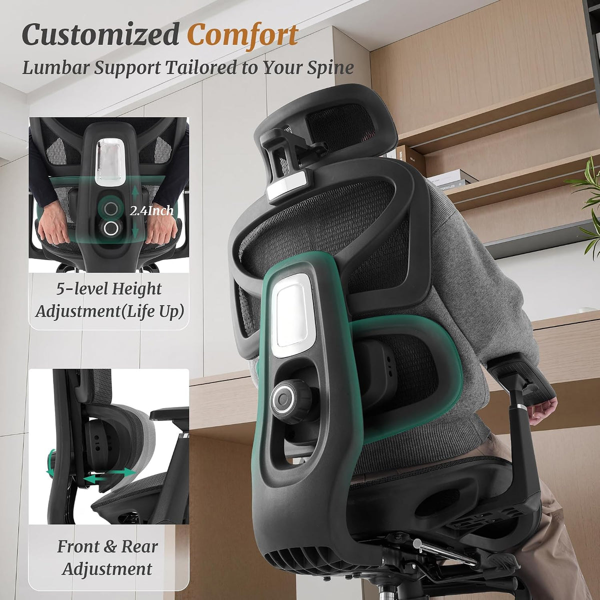 Cozyman Ergonomic Office Chair with Footrest - 5-Level Adjustable Lumbar Supp...