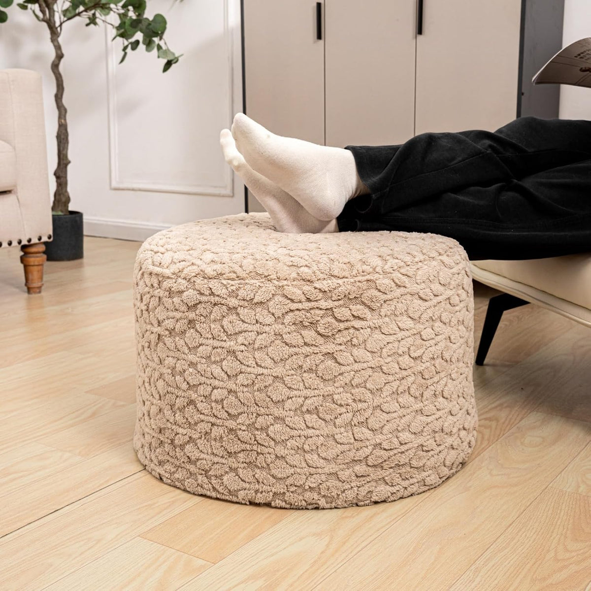 Poofieotto Pouf Ottoman Footstool 20x20x14In Couch Footrest Light Coffee