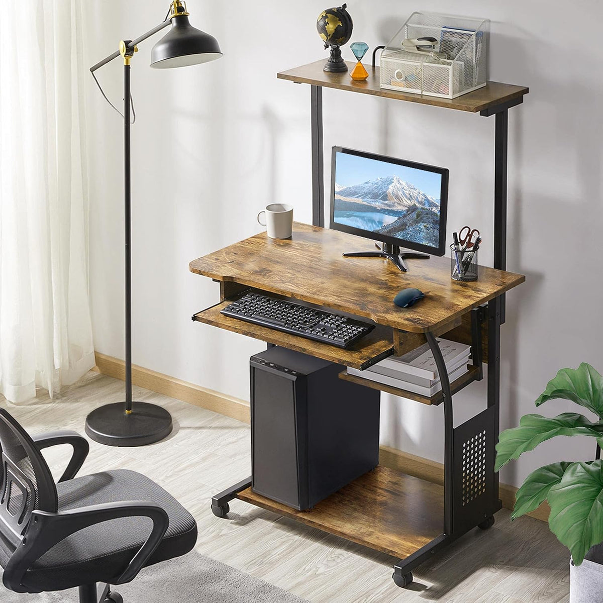 Topeakmart 2-Tier Rolling Desk with Printer Shelf & Keyboard Tray, Rustic...