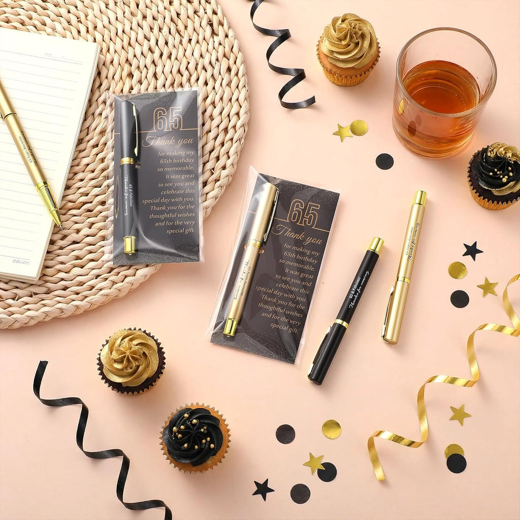 Feifeiya 30 Set 65th Birthday Favors with Black Gold Pens Cards | Birthday Souvenirs for Guests, Black and Gold Pens with Paper Thank You Cards for Men, Women and Wedding Anniversary Party