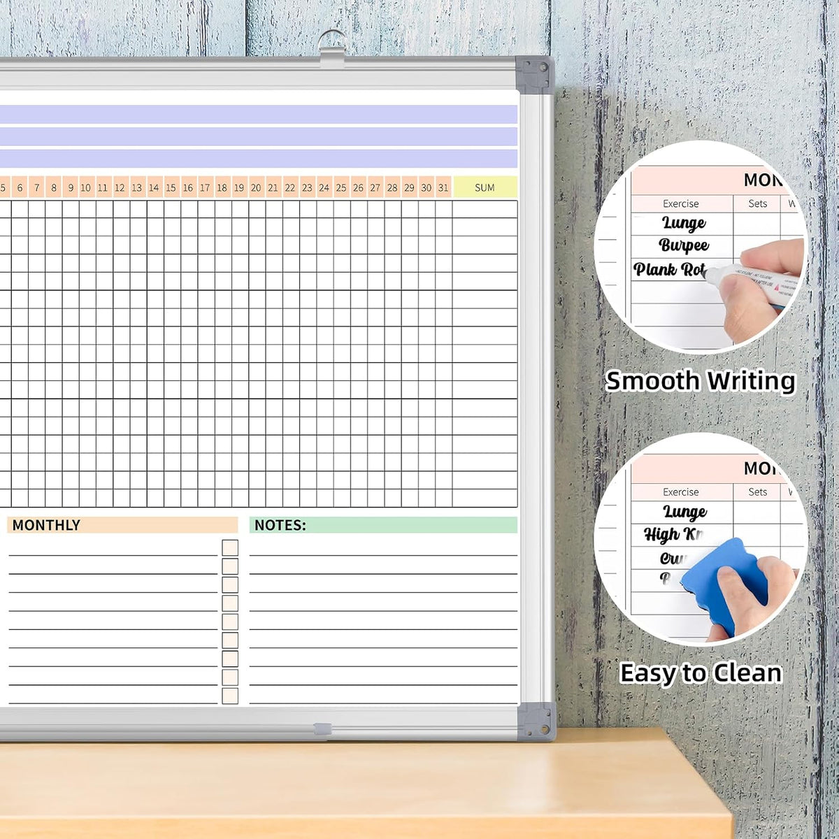 Habit Tracker Dry Erase Whiteboard with Silver Aluminium Frame for Wall 24&qu...