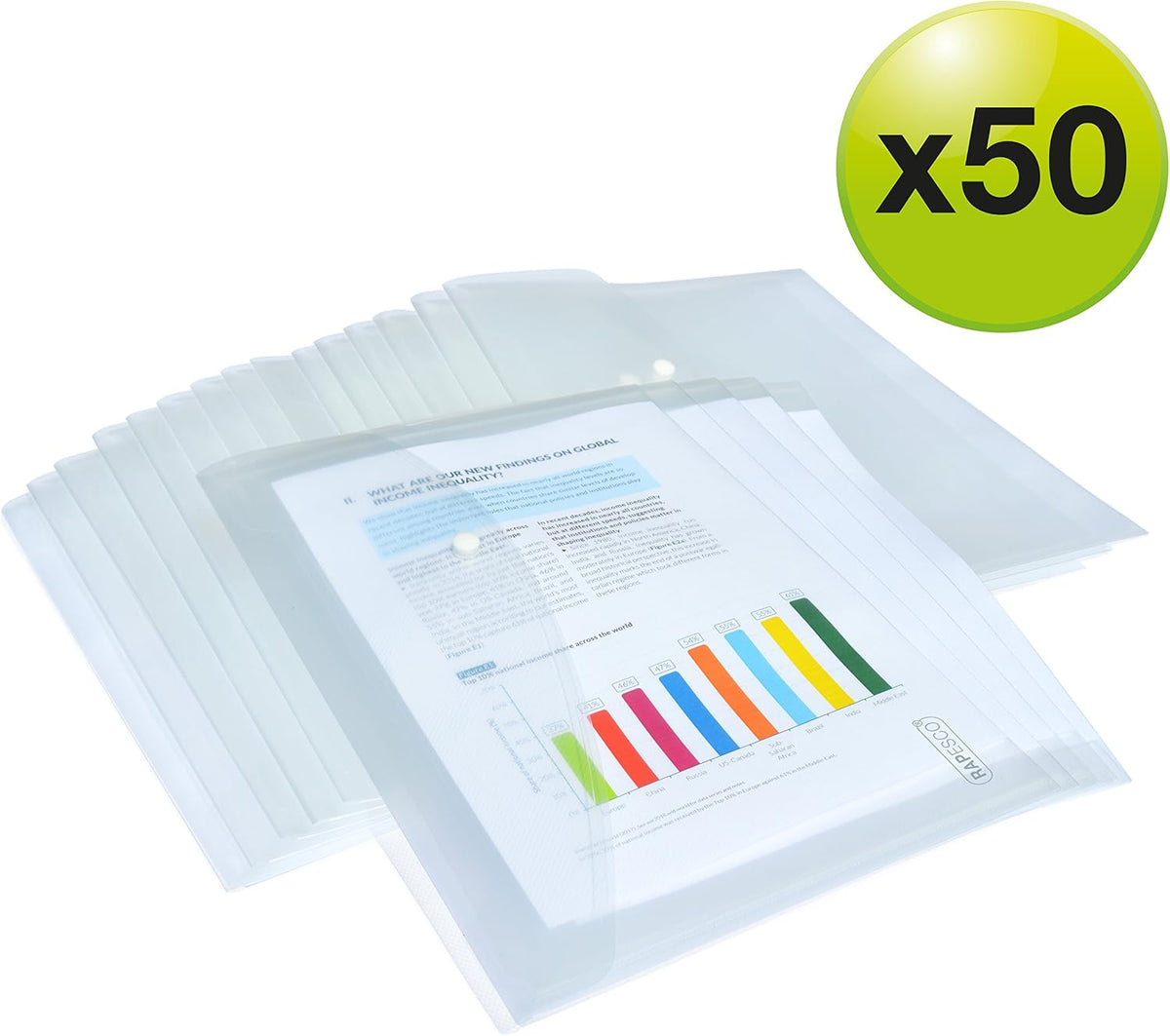 Rapesco 1497 ECO Recycled Popper Wallets, A4+, Pack of 50 | Clear Transparent