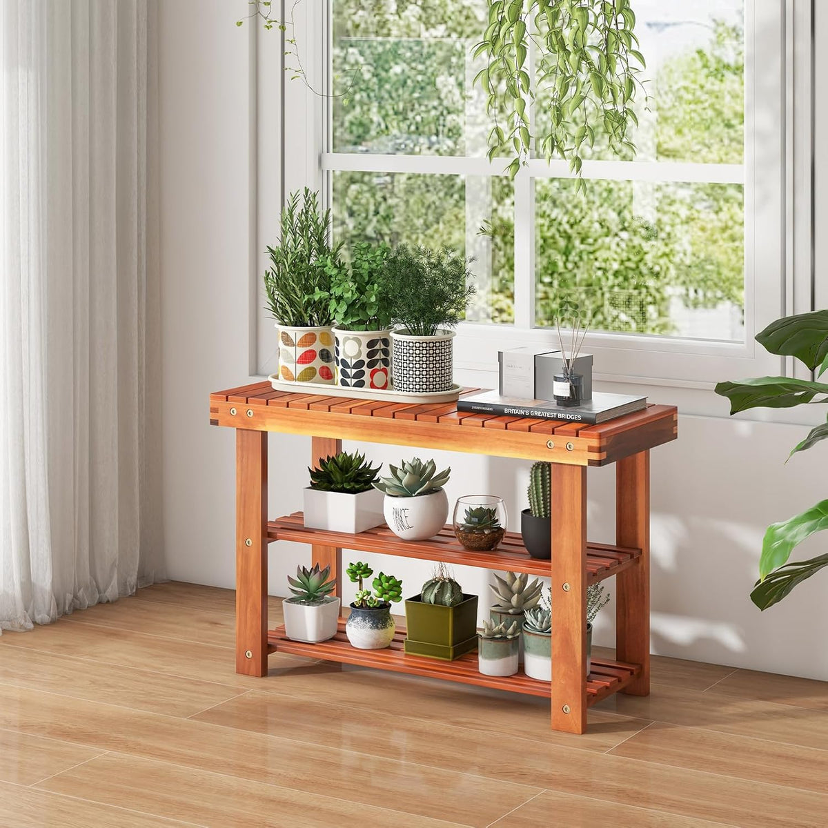 tangkula acacia wood 3-tier shoe rack bench, walnut, side view