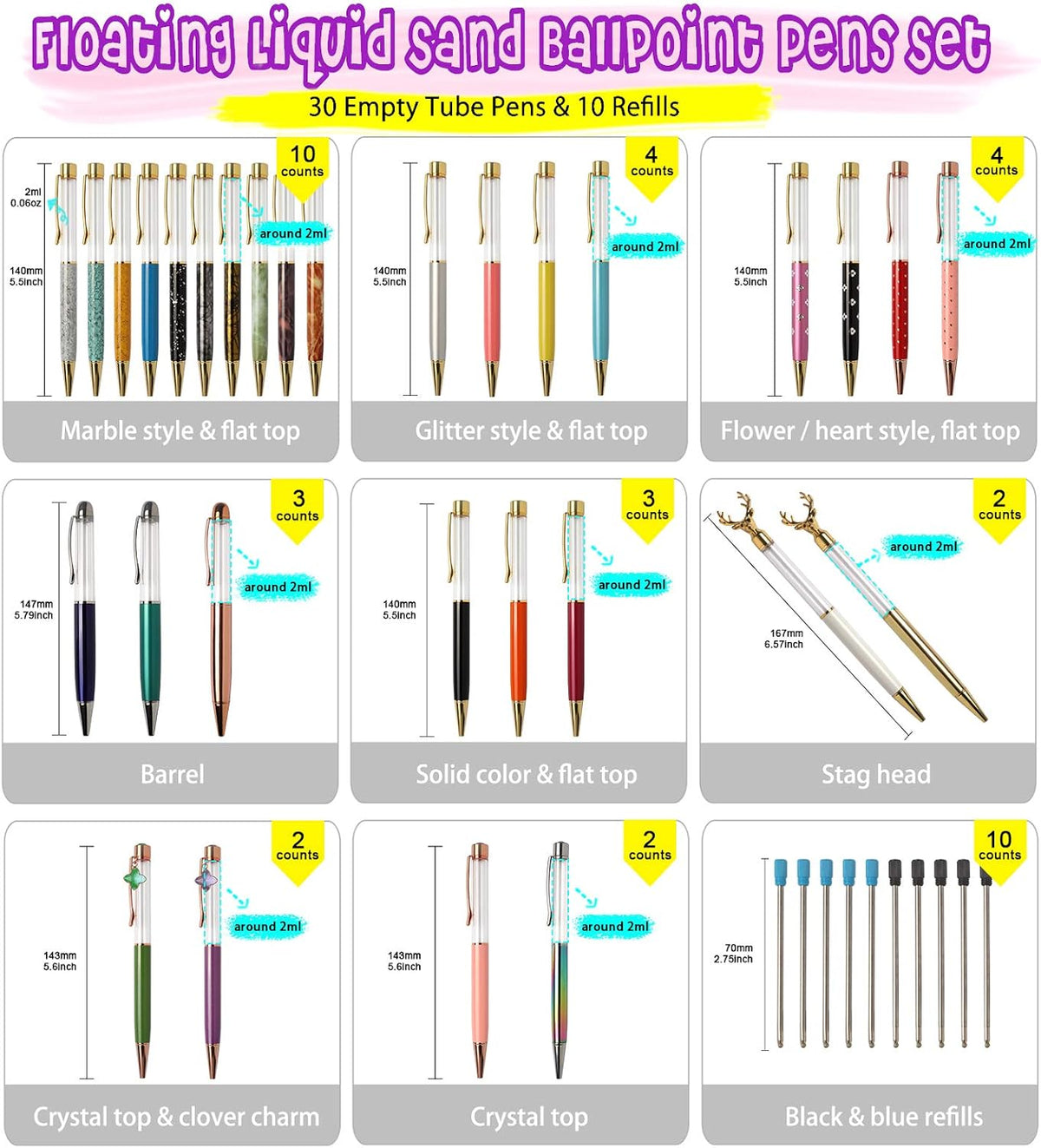 FUNSHOWCASE Floating Liquid Sand Ballpoint Pens Set 40-Kit