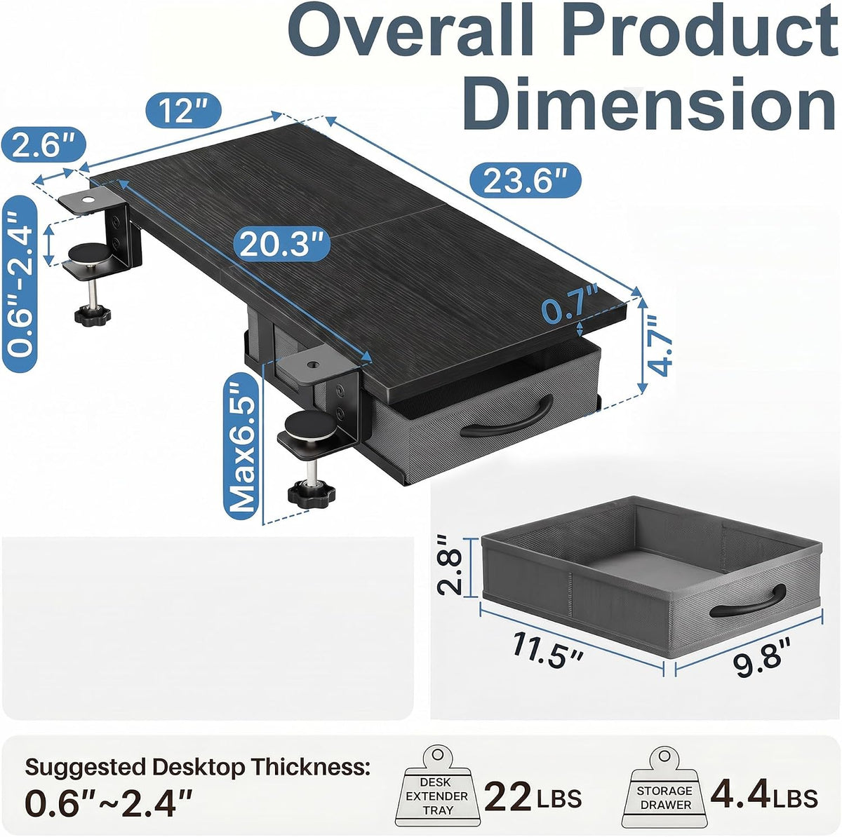 Desk Extender Tray, 24" x 12" Clamp On Desk Extension Shelf with Dr...