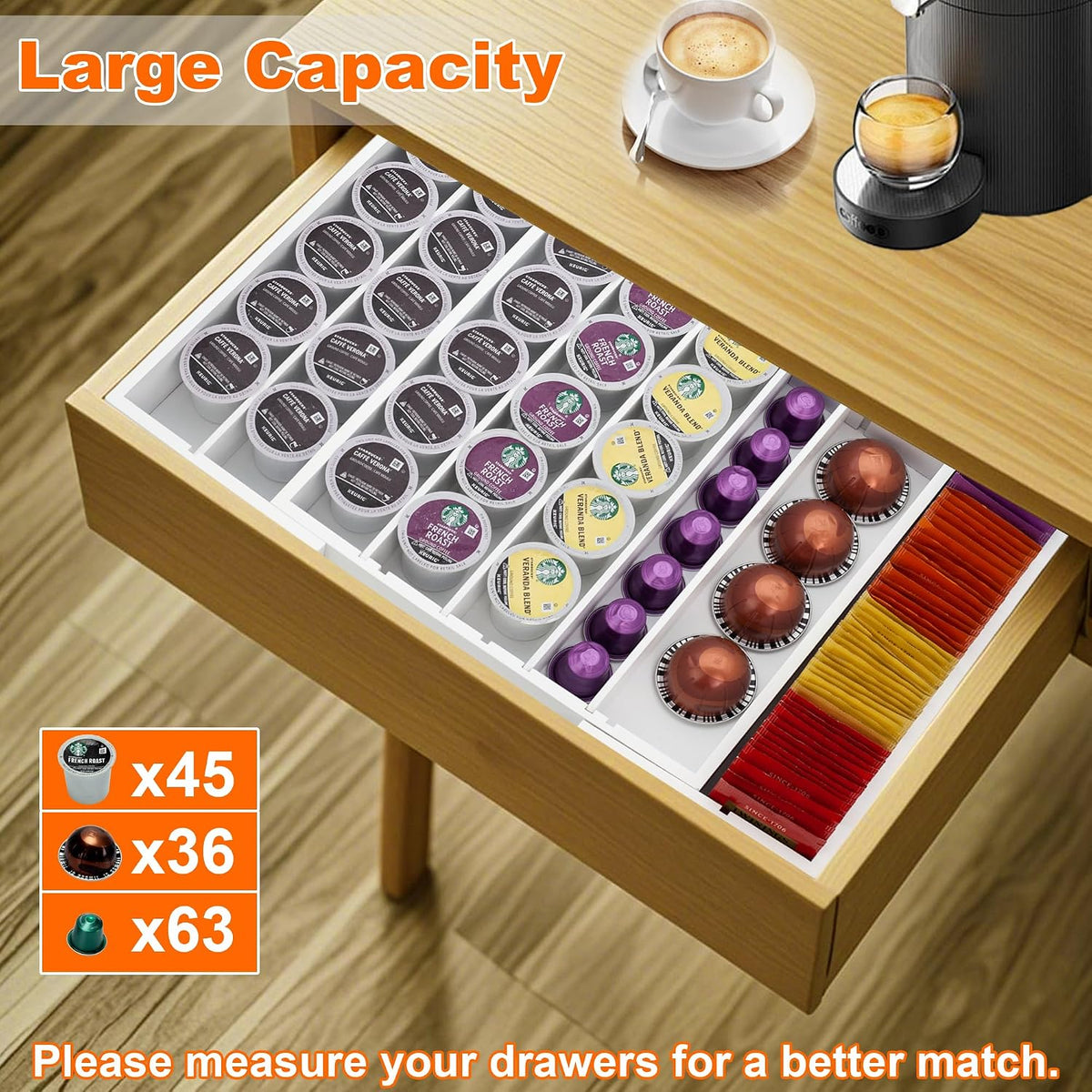 MinBoo Bamboo Drawer Organizer - Expandable K Cup & Pods Holder, Coffee P...