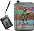 BWEGRHE Small Travel Wallets, Dragonfly Glitter Wood Slim Minimalist Front by BWEGRHE